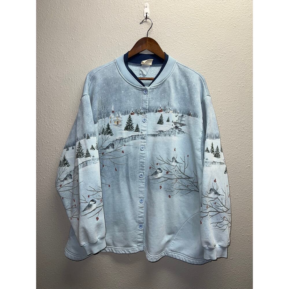 Vintage Womens Artisans Sweatshirt Cardigan Sweater Winter Wisconsin Snow 90s XL